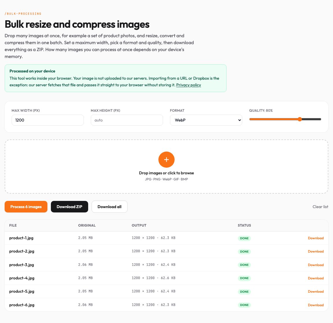 Bulk processing table with six product photos, each showing 1200 × 1200 and about 62 KB