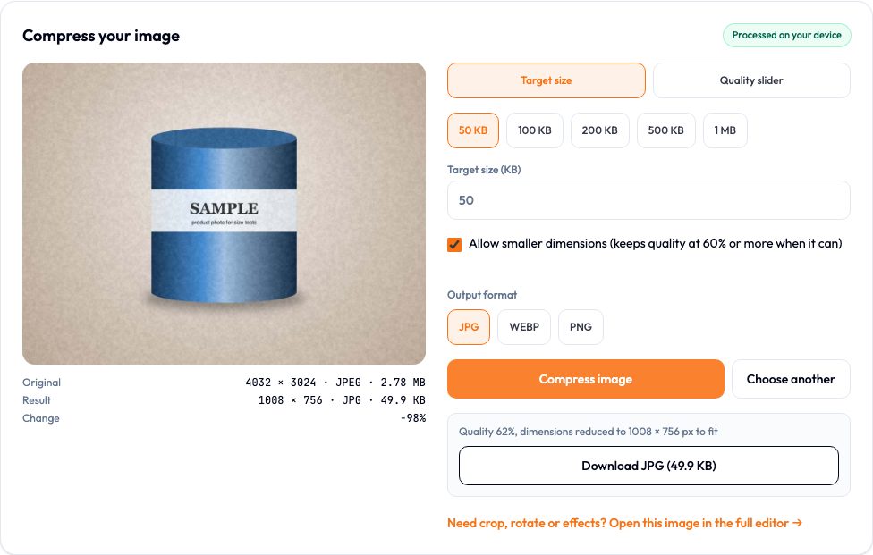 Compress tool with Allow smaller dimensions ticked; the result is 1008 × 756 at 49.9 KB, quality 62%
