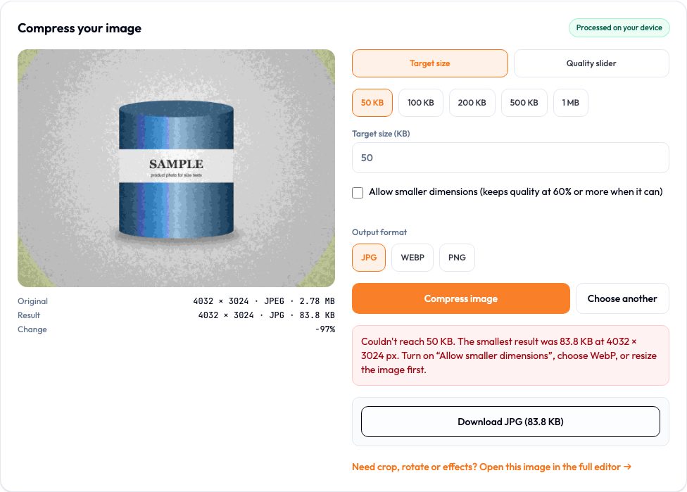 Compress tool showing: Couldn't reach 50 KB. The smallest result was 83.8 KB at 4032 × 3024 px.